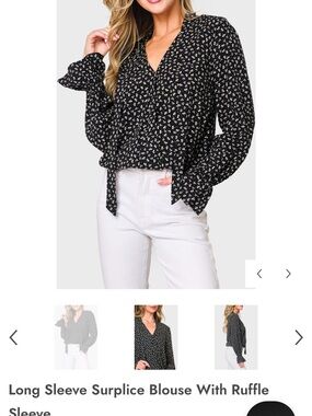 Black Floral Tie-Front Surplice Blouse with Ruffle Cuffs